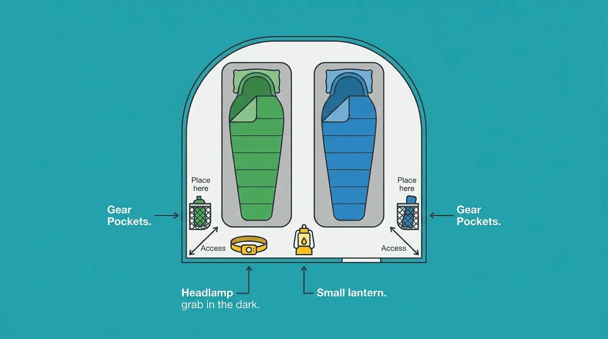 Beginner tent interior organization diagram showing sleeping pad, sleeping bag, and headlamp placement