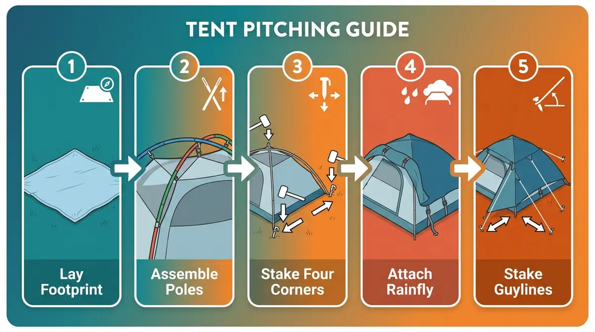 Step-by-step tent pitching sequence diagram for beginner campsite setup showing five numbered steps