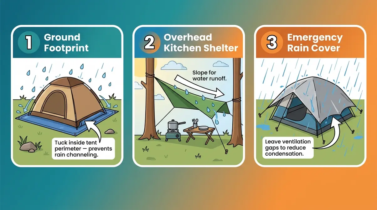 Three camping tarp uses diagram showing ground footprint, overhead shelter, and emergency tent cover
