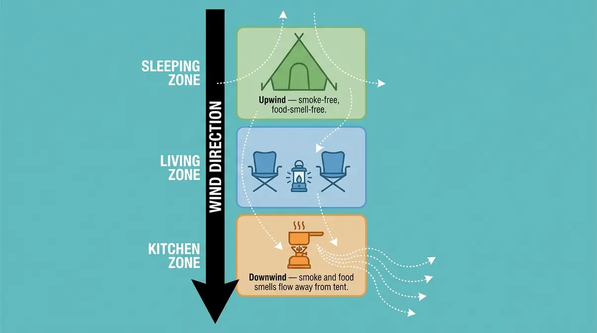 Camp Architect Method wind orientation zone map showing sleeping upwind and kitchen downwind