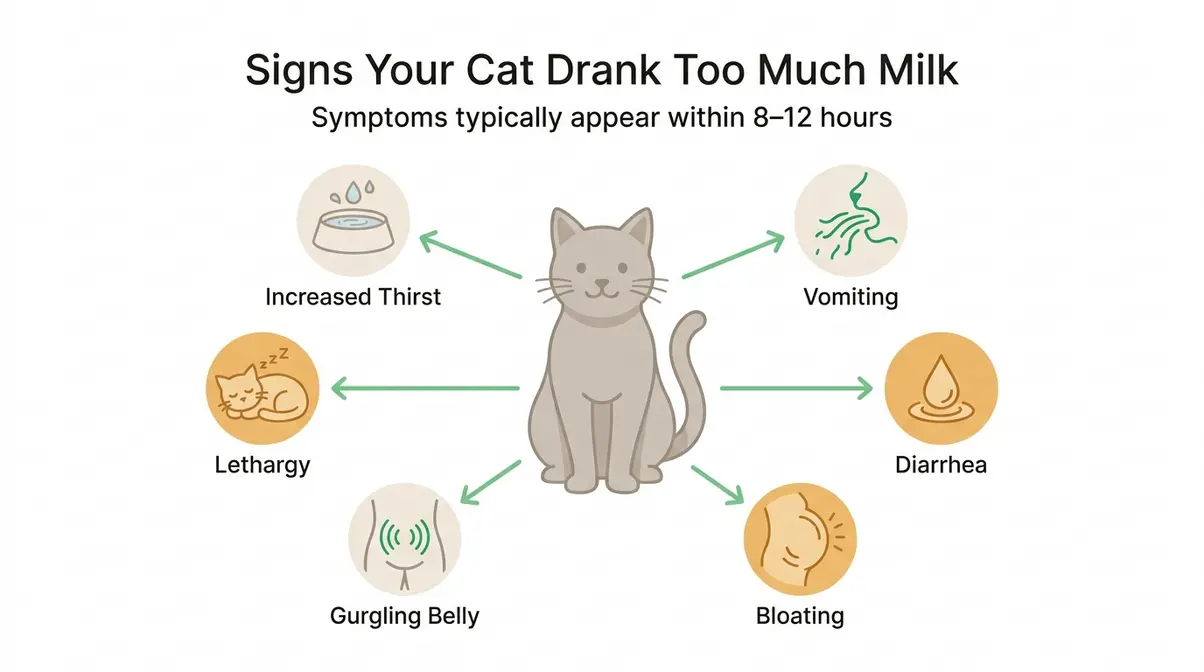 Infographic showing six signs of lactose intolerance in cats after drinking milk