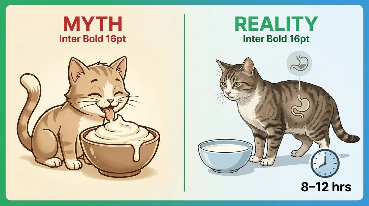 Myth versus reality illustration showing cats and milk — cartoon myth versus lactose intolerance reality
