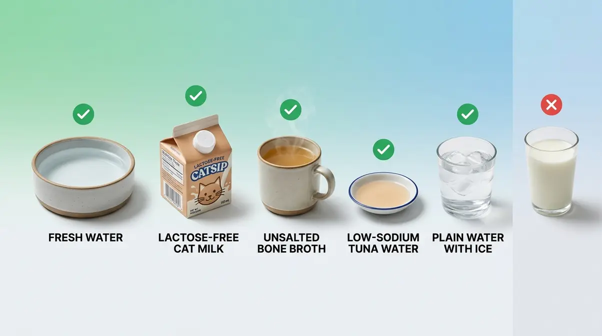 Safe liquids for cats including fresh water, lactose-free cat milk, bone broth, and tuna water