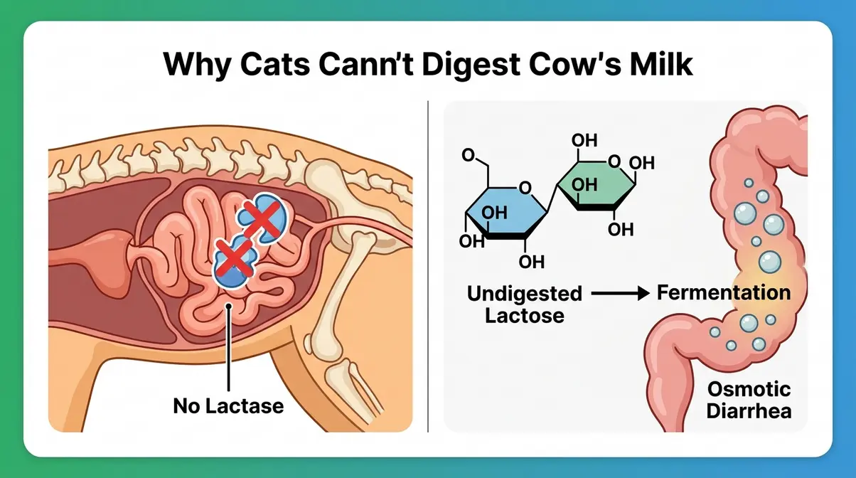 Diagram showing why adult cats cannot digest lactose due to low lactase enzyme levels