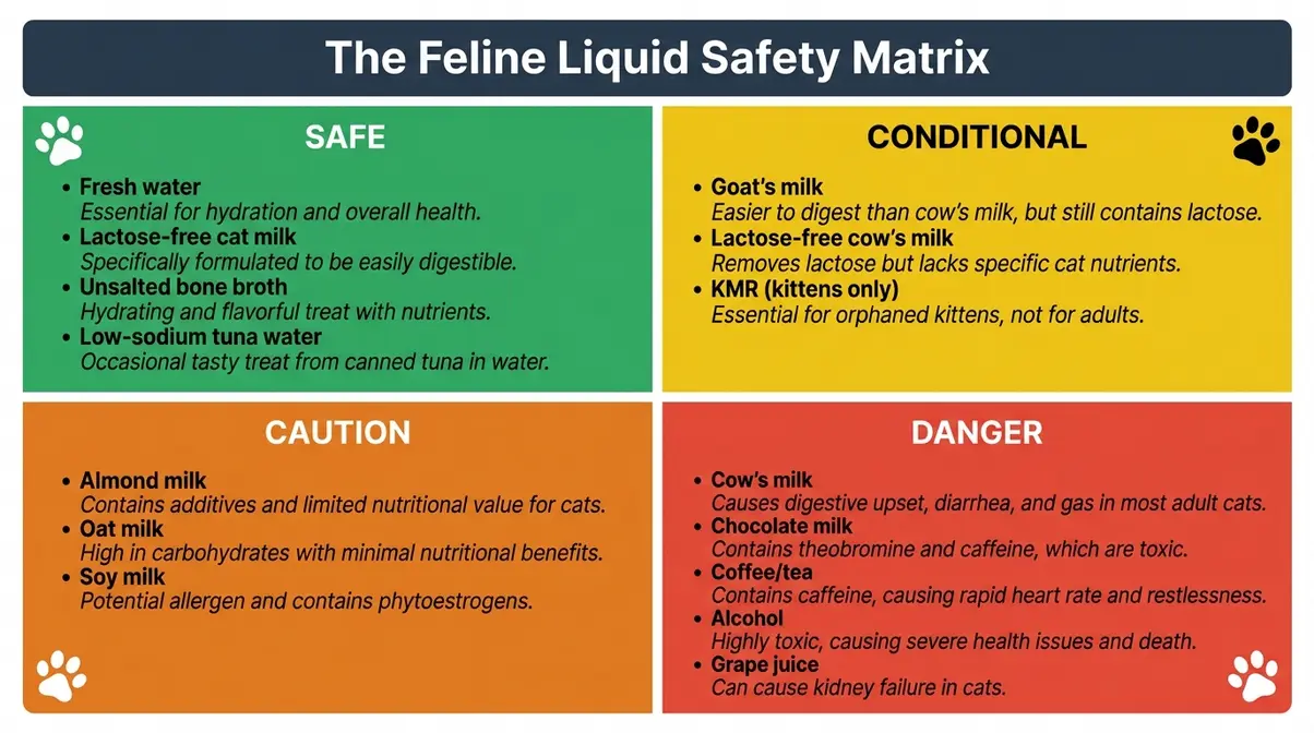 The Feline Liquid Safety Matrix chart showing safe, conditional, caution, and danger liquids for cats
