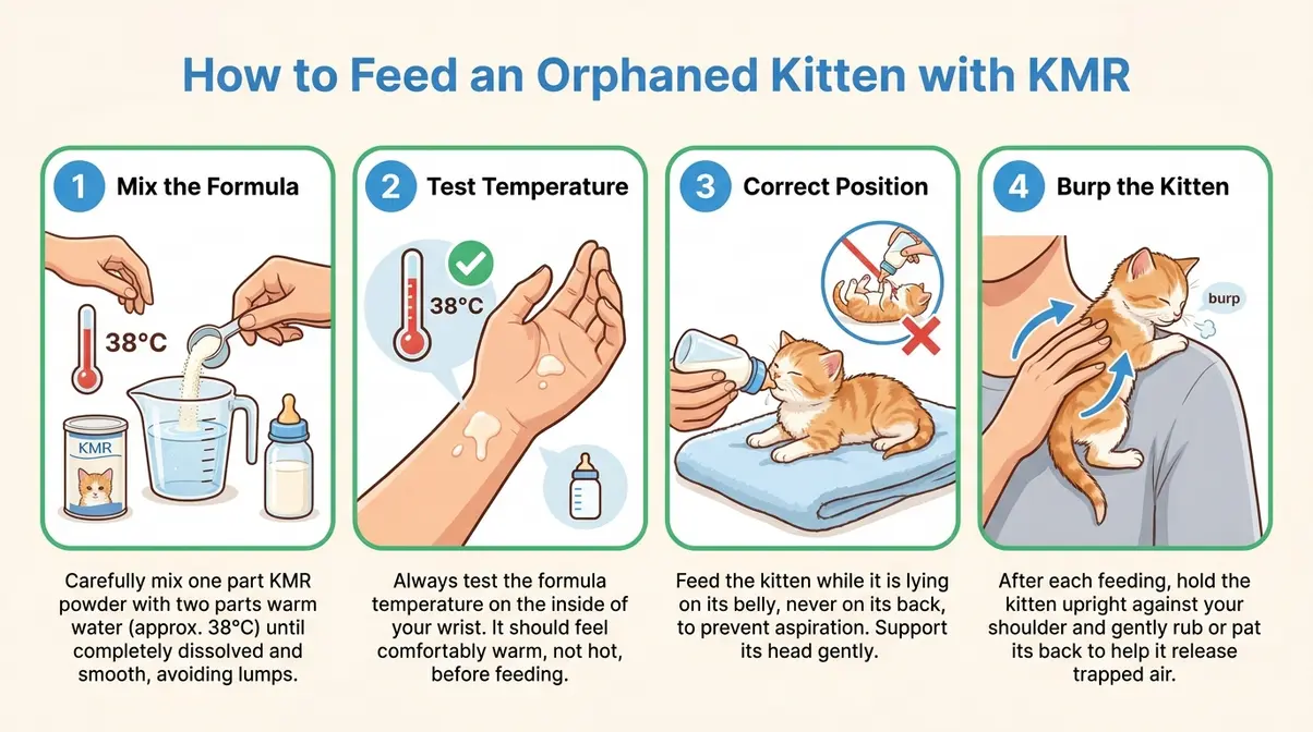 Step-by-step illustrated guide to feeding an orphaned kitten with Kitten Milk Replacer KMR