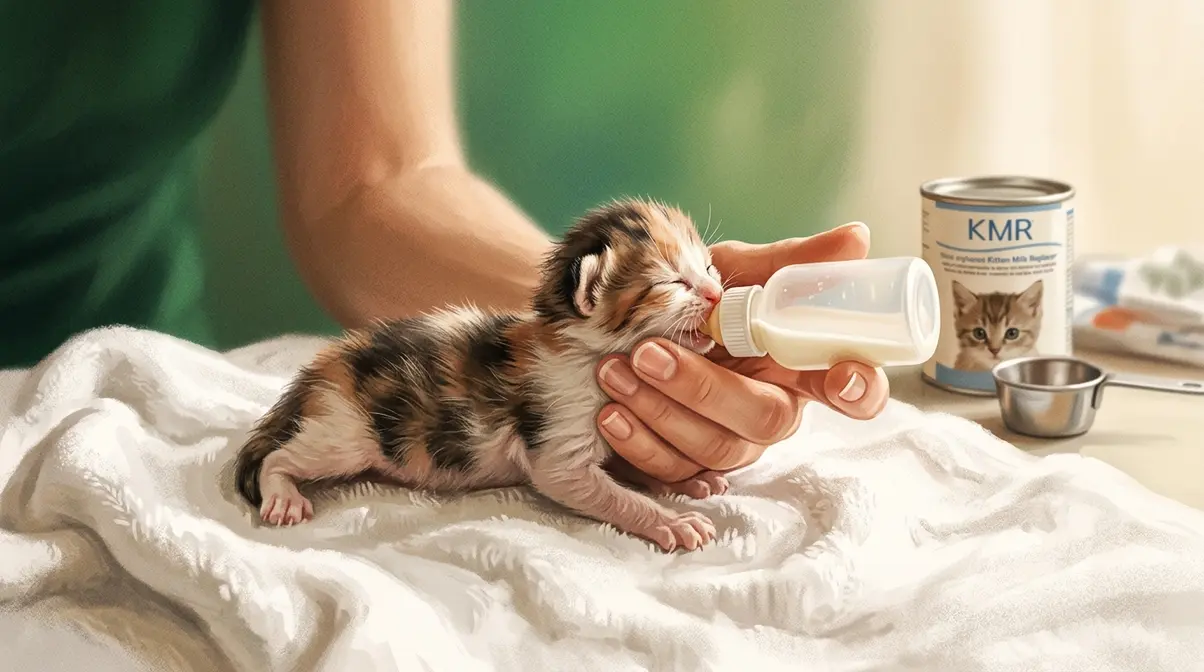 Orphaned newborn kitten being bottle-fed with Kitten Milk Replacer KMR in correct belly-down position