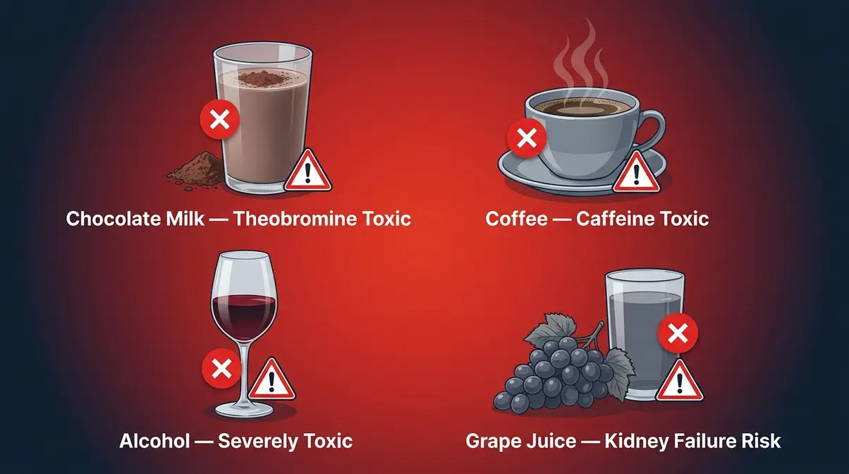 Four toxic liquids for cats — chocolate milk, coffee, alcohol, and grape juice with danger warnings
