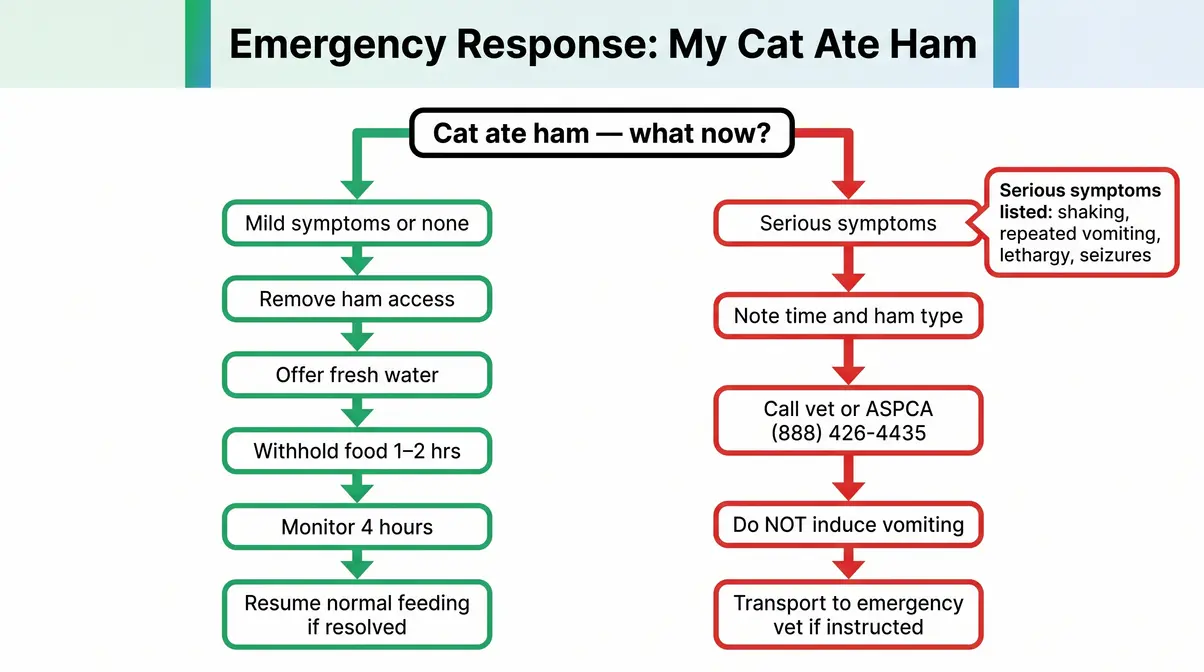 Emergency flowchart showing step-by-step protocol for when a cat eats ham with mild and serious symptom paths