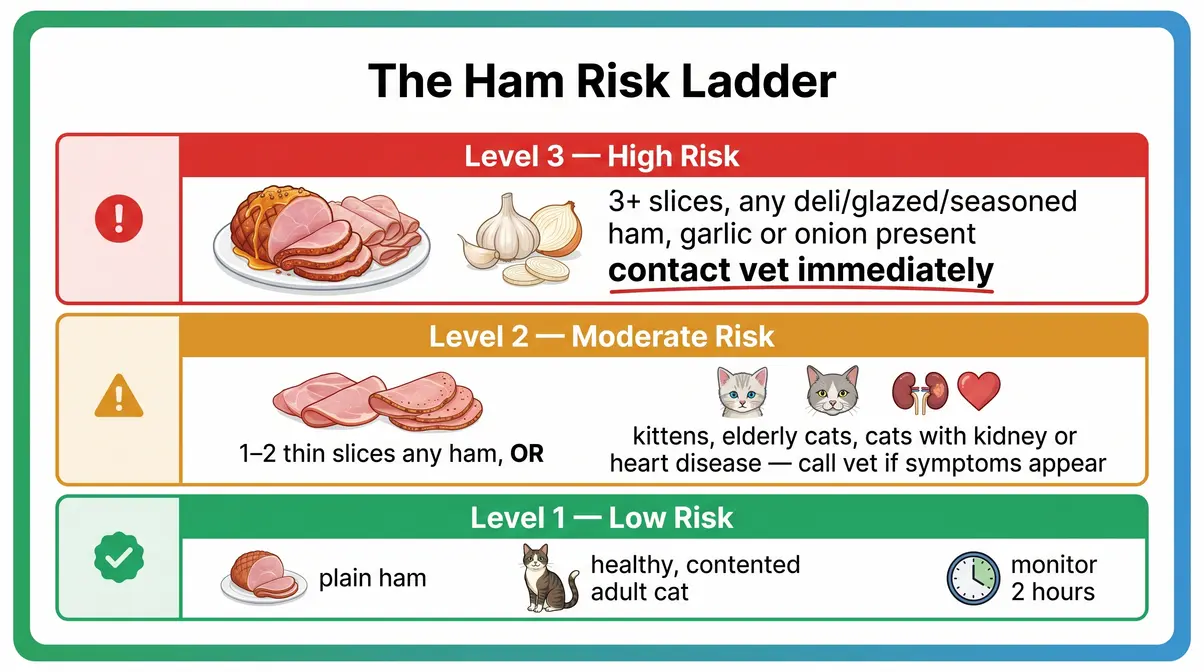 Ham risk ladder infographic showing three danger levels for cats eating ham by quantity and type