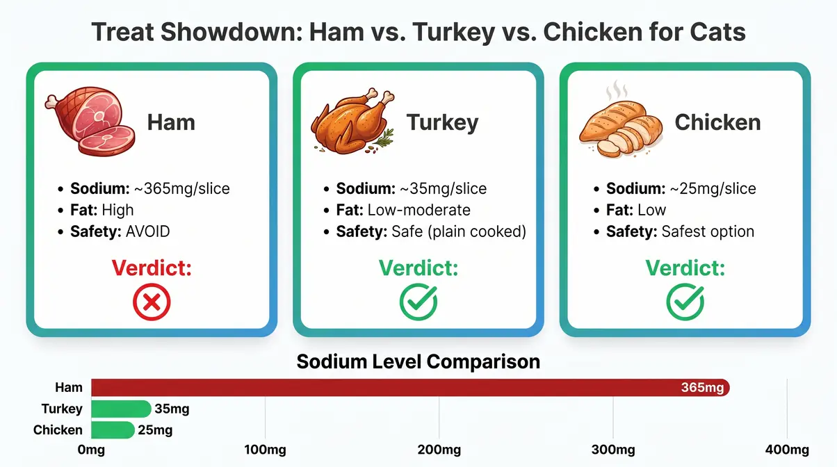 Comparison chart of ham turkey and chicken as cat treats showing sodium fat and safety levels side by side