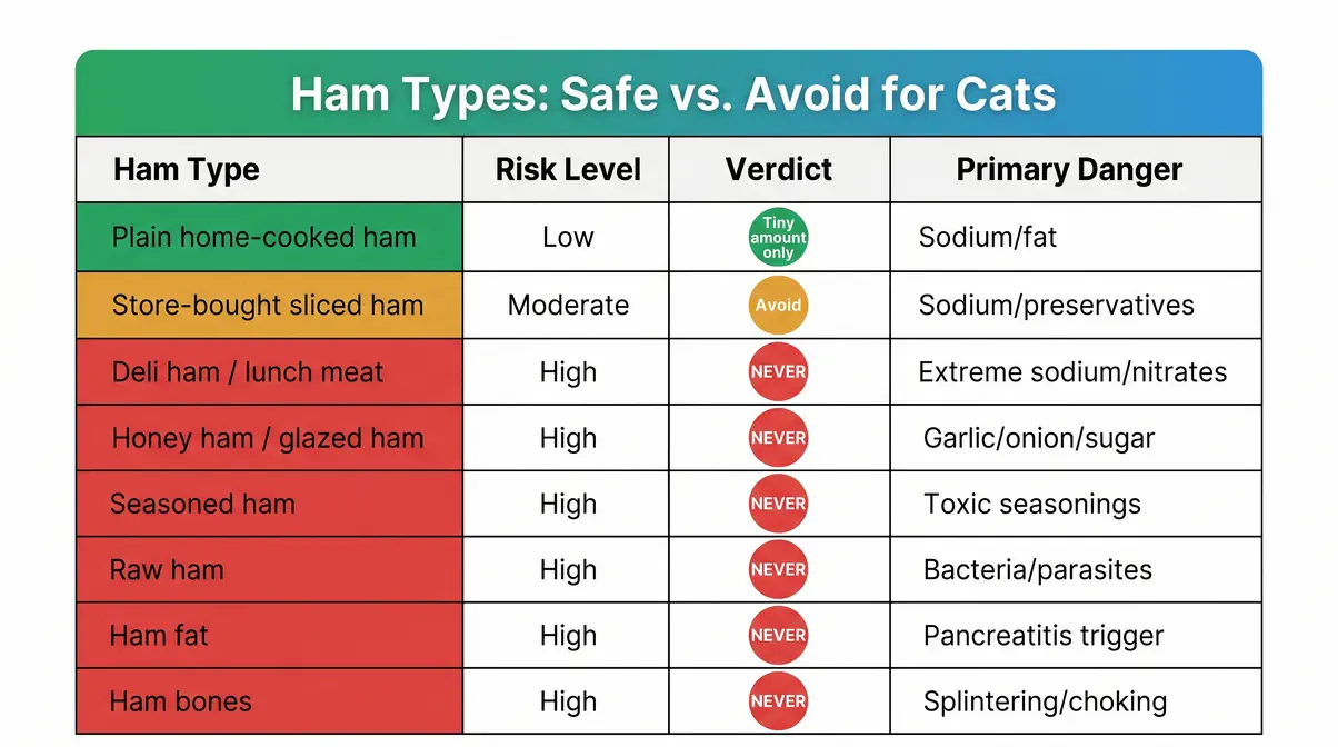 Ham types safety matrix for cats showing which ham is safe avoid or never with risk levels and dangers