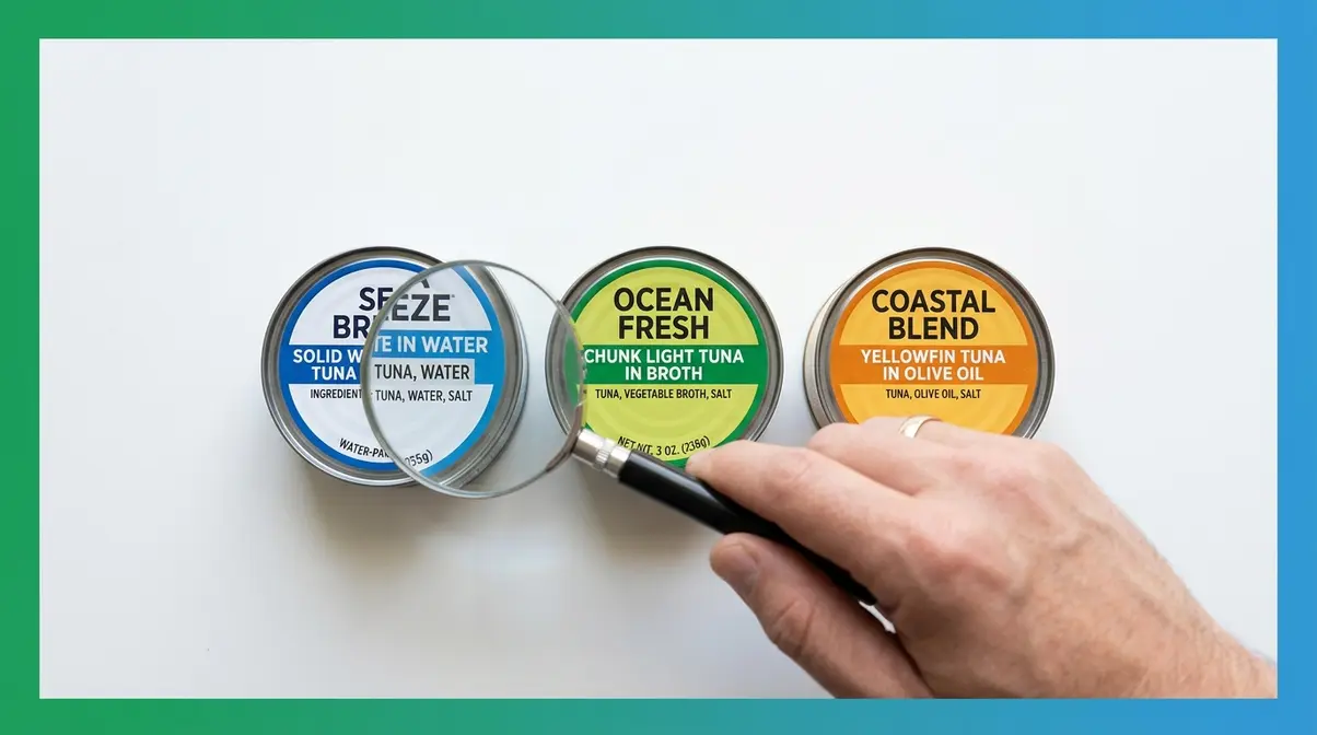 Person reading canned tuna label to identify safe water-packed tuna for cats with no additives