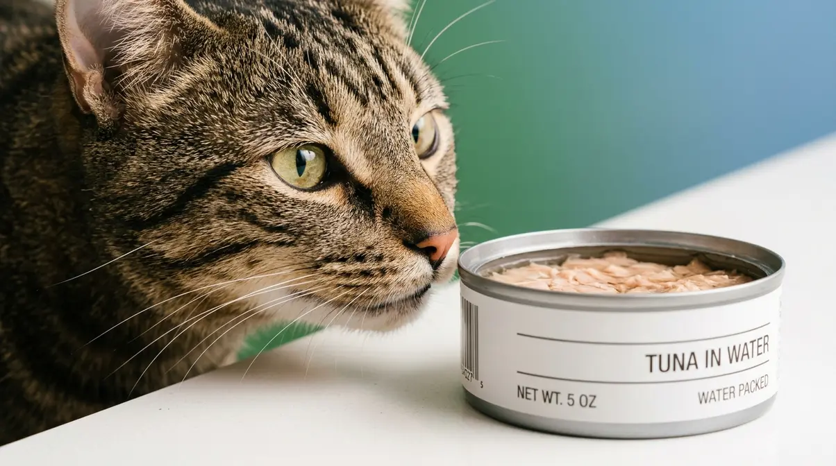 Tabby cat sniffing an open can of tuna illustrating why cats are drawn to tuna and the safety risks