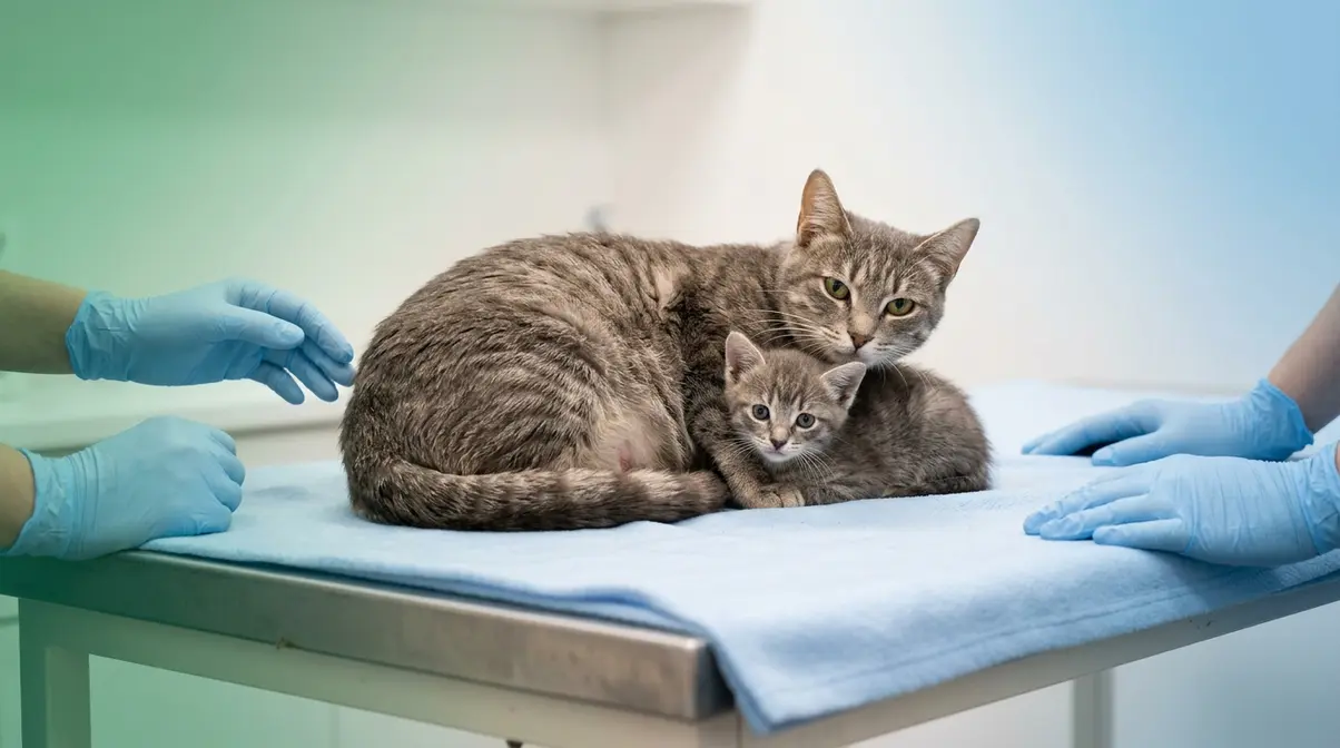Kitten and pregnant cat at veterinary exam representing special cases where tuna should be avoided