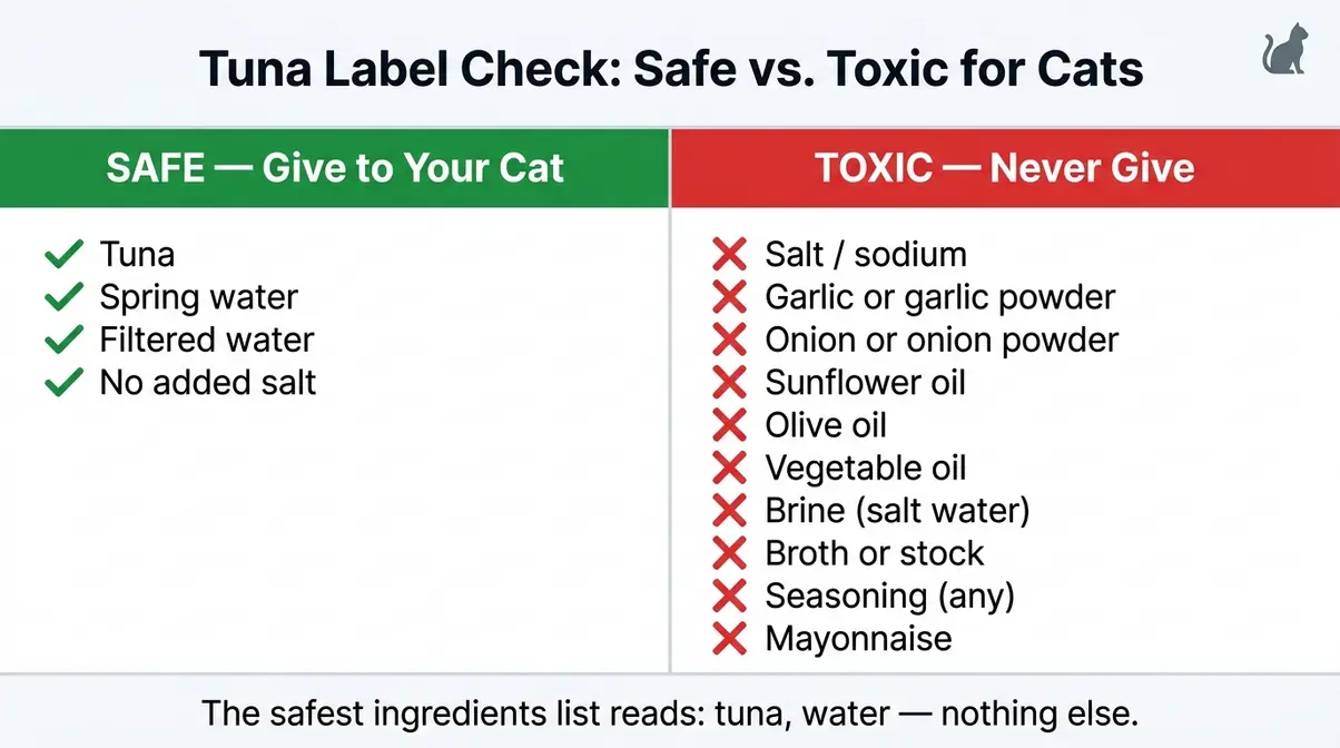 Infographic of safe versus toxic tuna ingredients for cats eating tuna