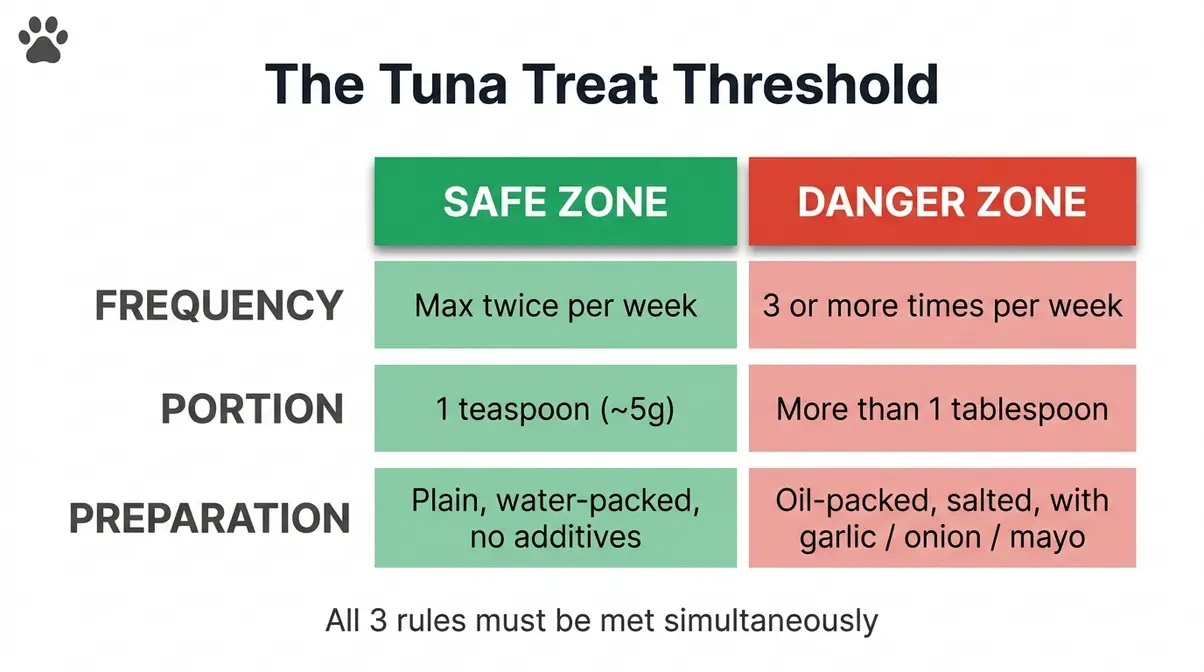 Infographic showing The Tuna Treat Threshold safe serving rules for cats eating tuna