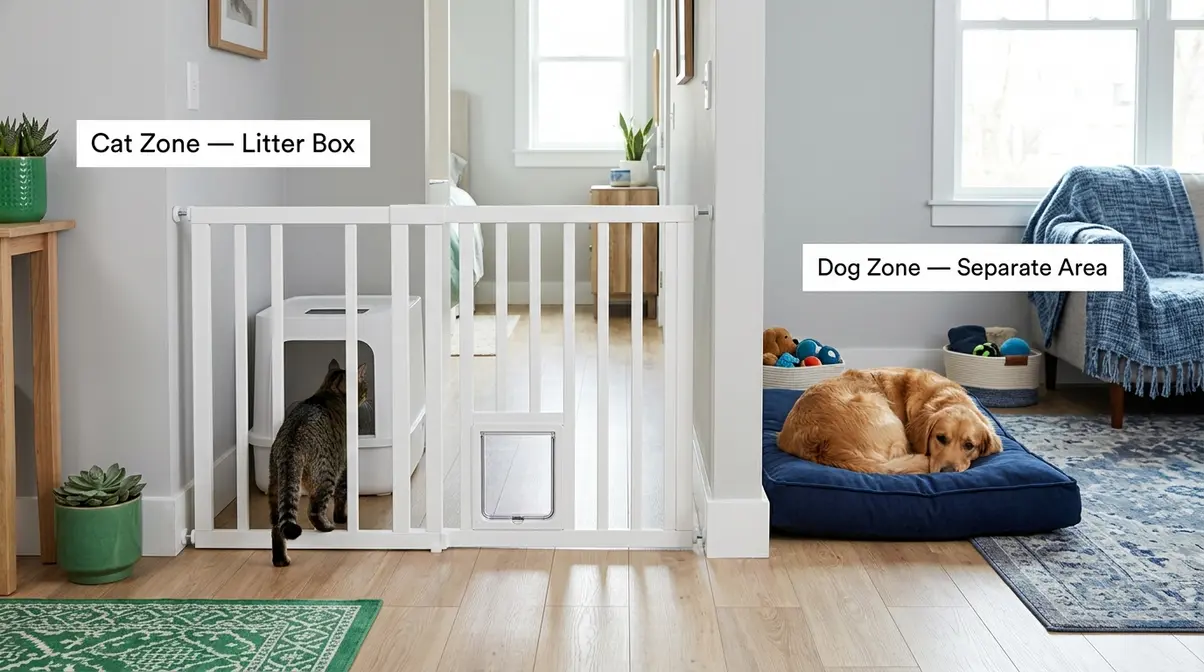 Cat and dog in the same home with separate litter and rest areas divided by a baby gate
