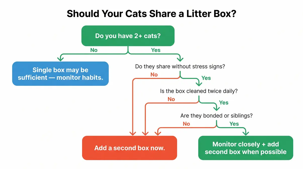 Decision flowchart helping cat owners decide if their cats can safely share a litter box