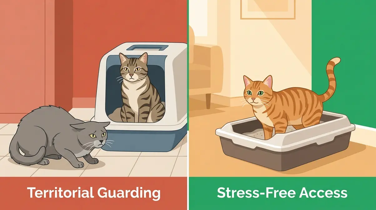 Illustration comparing a cat blocked from litter box versus a cat with stress-free private access