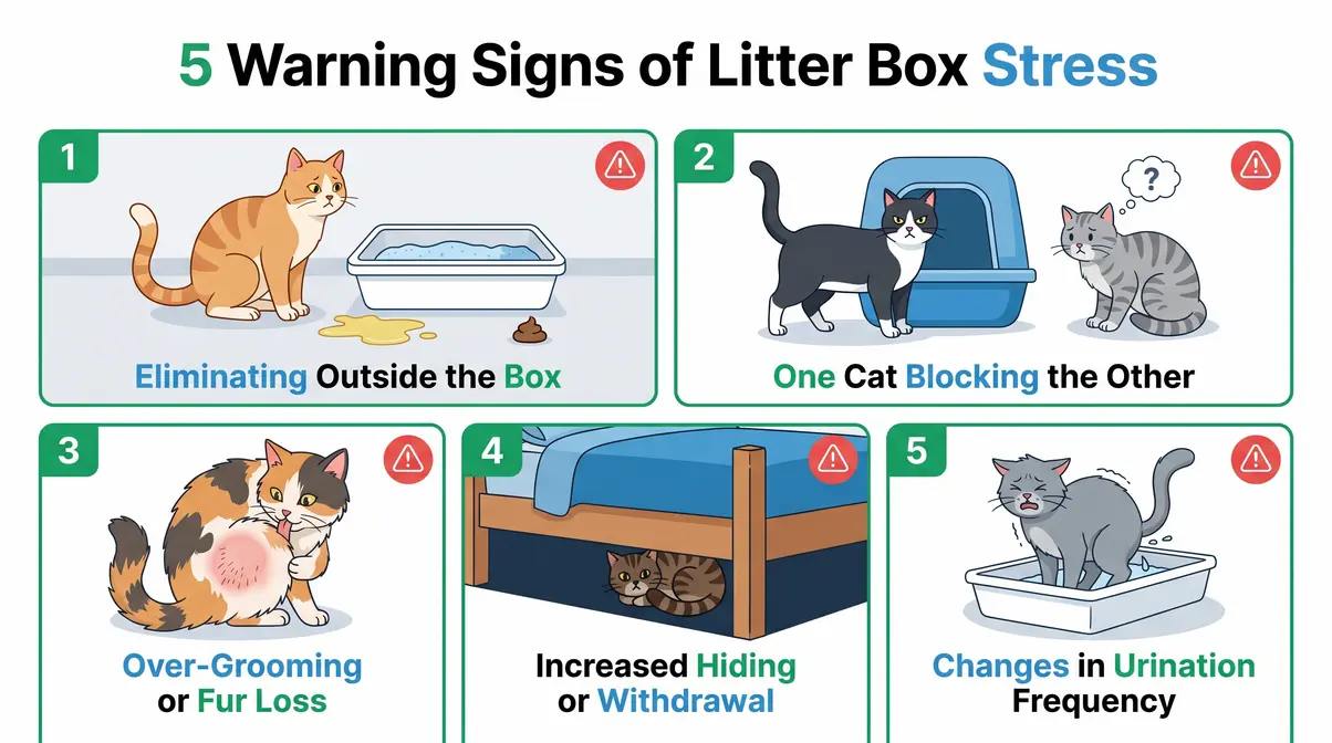 Illustrated infographic showing five warning signs cats are stressed from sharing a litter box