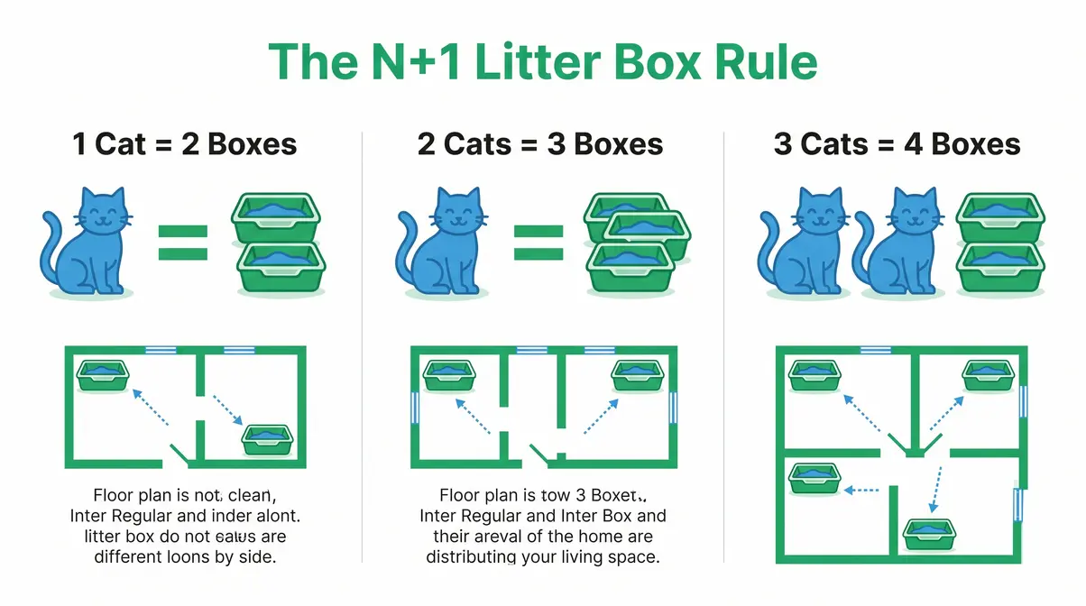 Infographic showing the N+1 litter box rule for one two and three cat households
