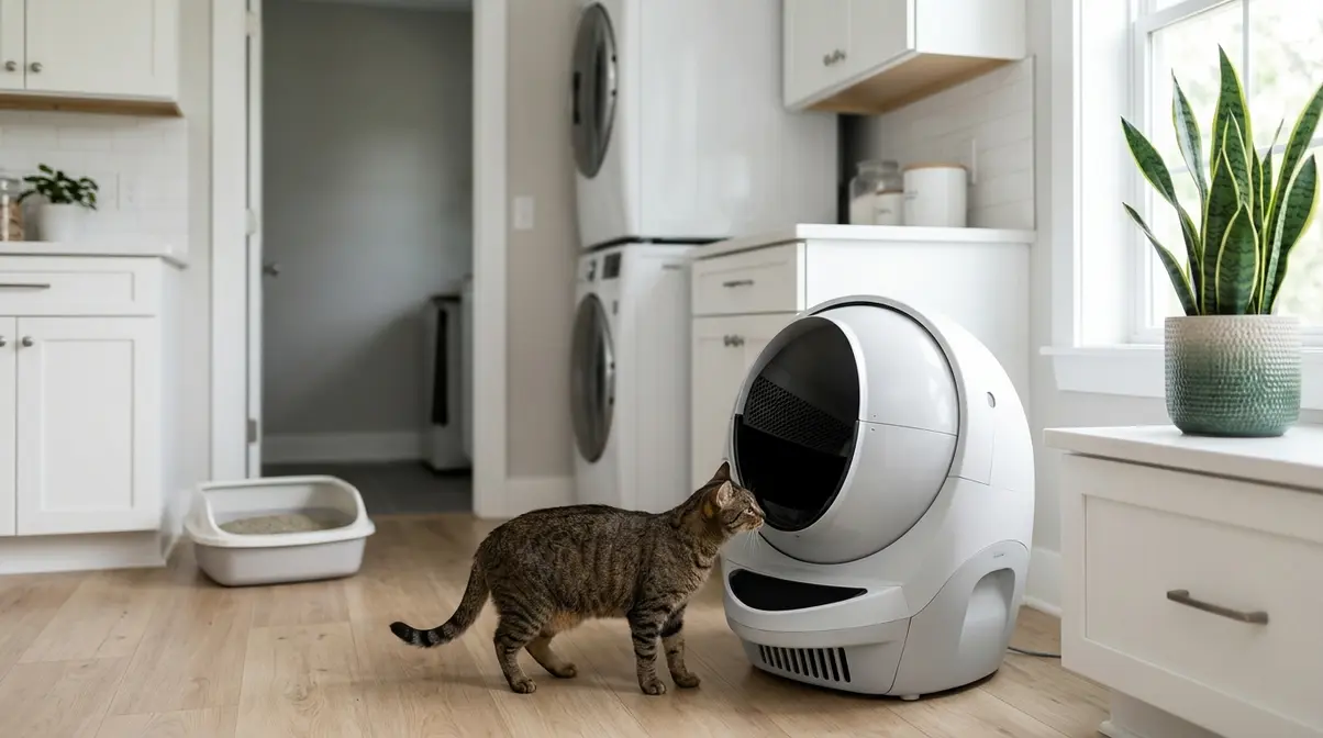 Modern self-cleaning litter box in a multi-cat home alongside a second traditional litter box