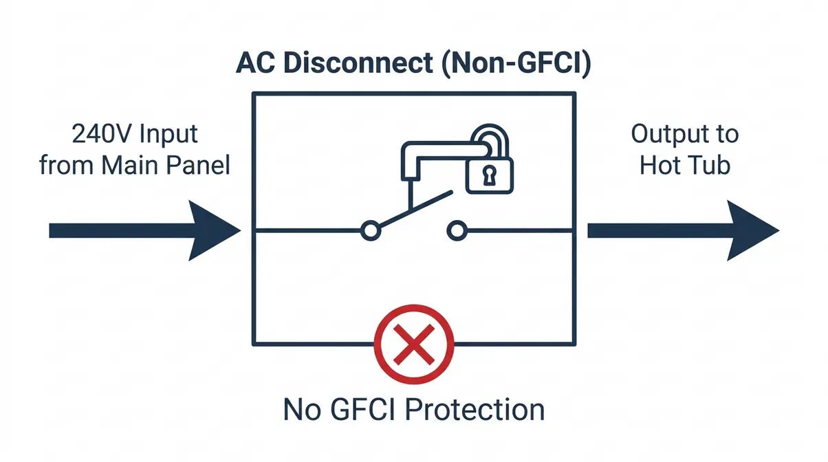 AC disconnect hot tub wiring diagram showing non-GFCI lockable switch with 240V input and output arrows