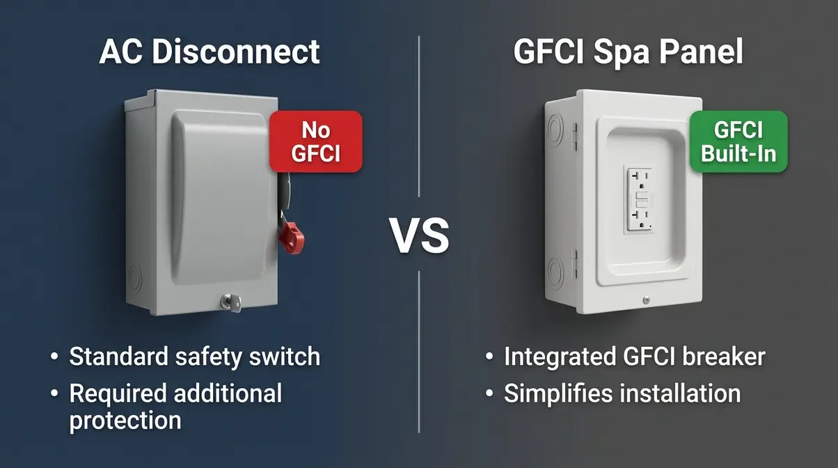 Side-by-side comparison of AC disconnect box versus GFCI spa panel for hot tub electrical installation