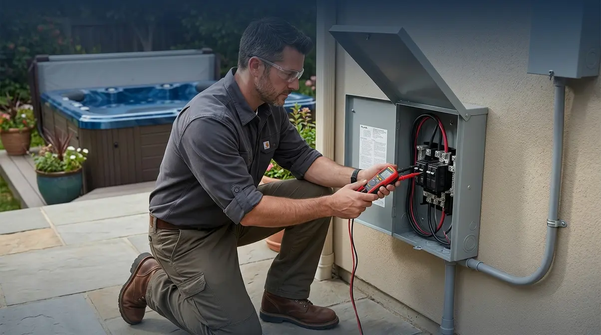 Licensed electrician installing a GFCI spa disconnect panel on exterior wall near residential hot tub