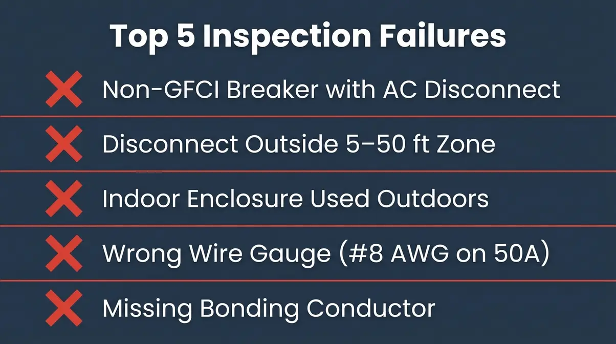 Five common hot tub wiring mistakes that cause electrical inspection failures listed with red warning icons