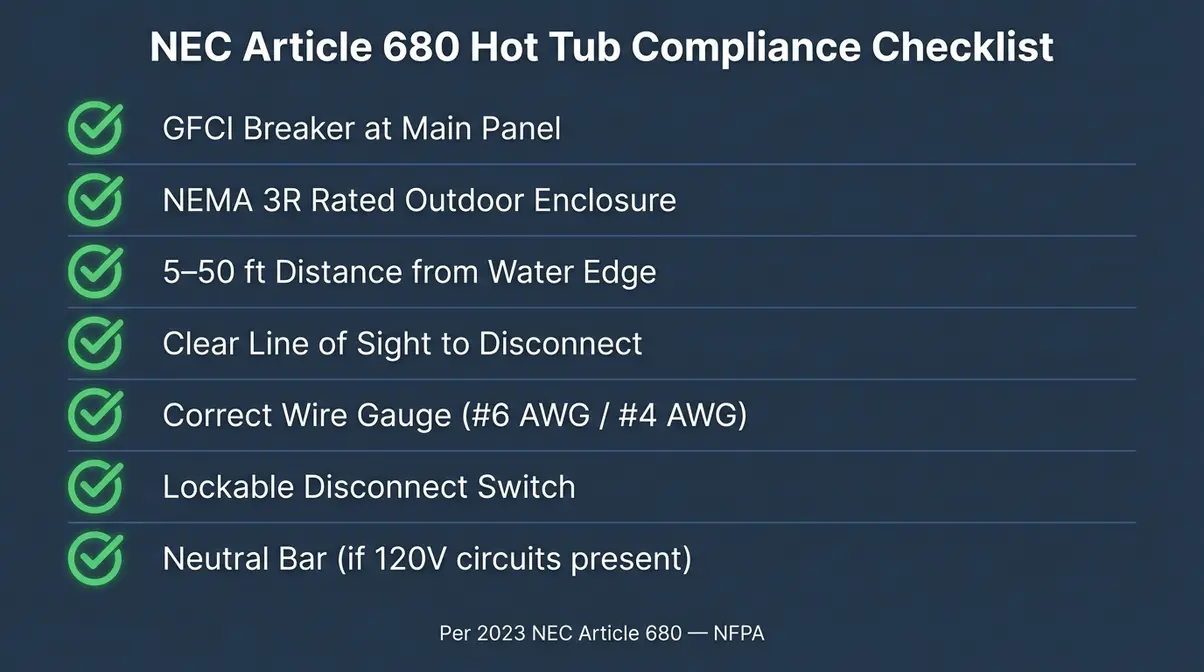 NEC Article 680 hot tub electrical compliance checklist infographic with seven code requirements