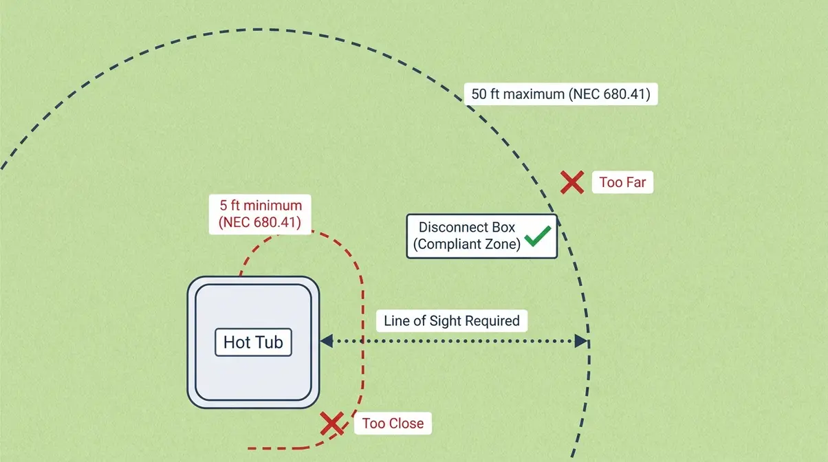 NEC Article 680.41 hot tub disconnect distance diagram showing 5-foot minimum and 50-foot maximum placement rule