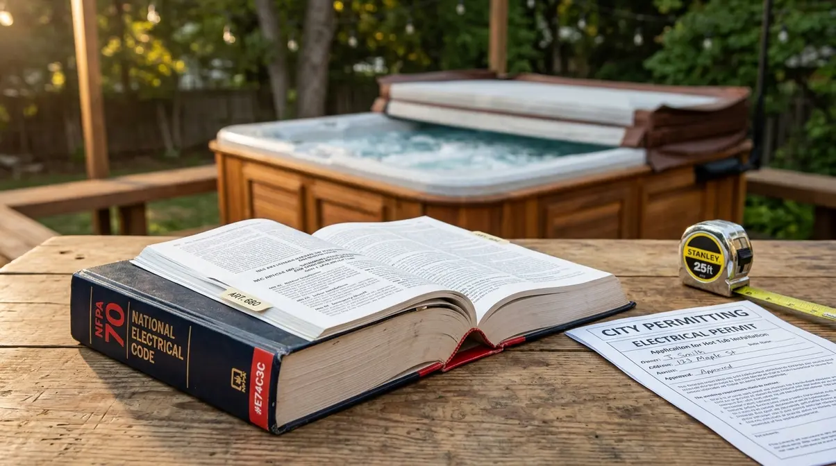 NEC Article 680 code book open to hot tub electrical requirements with permit documents and measuring tape