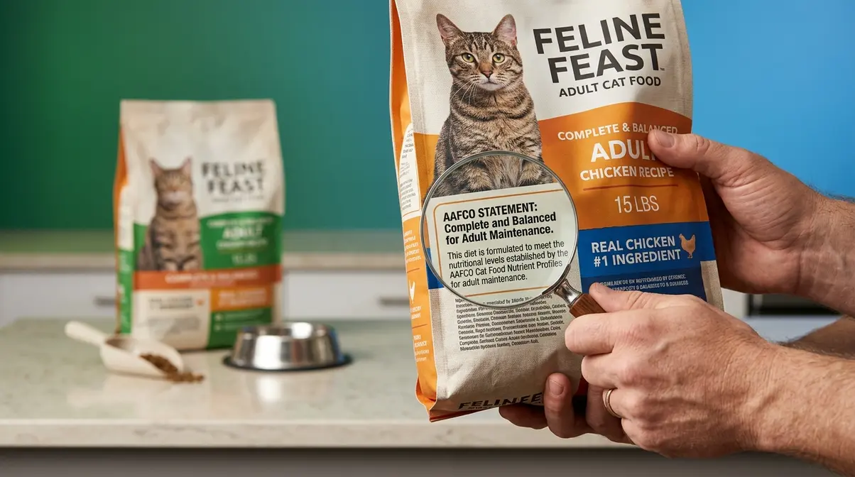 Hand holding adult cat food bag with magnifying glass highlighting AAFCO adult maintenance label statement