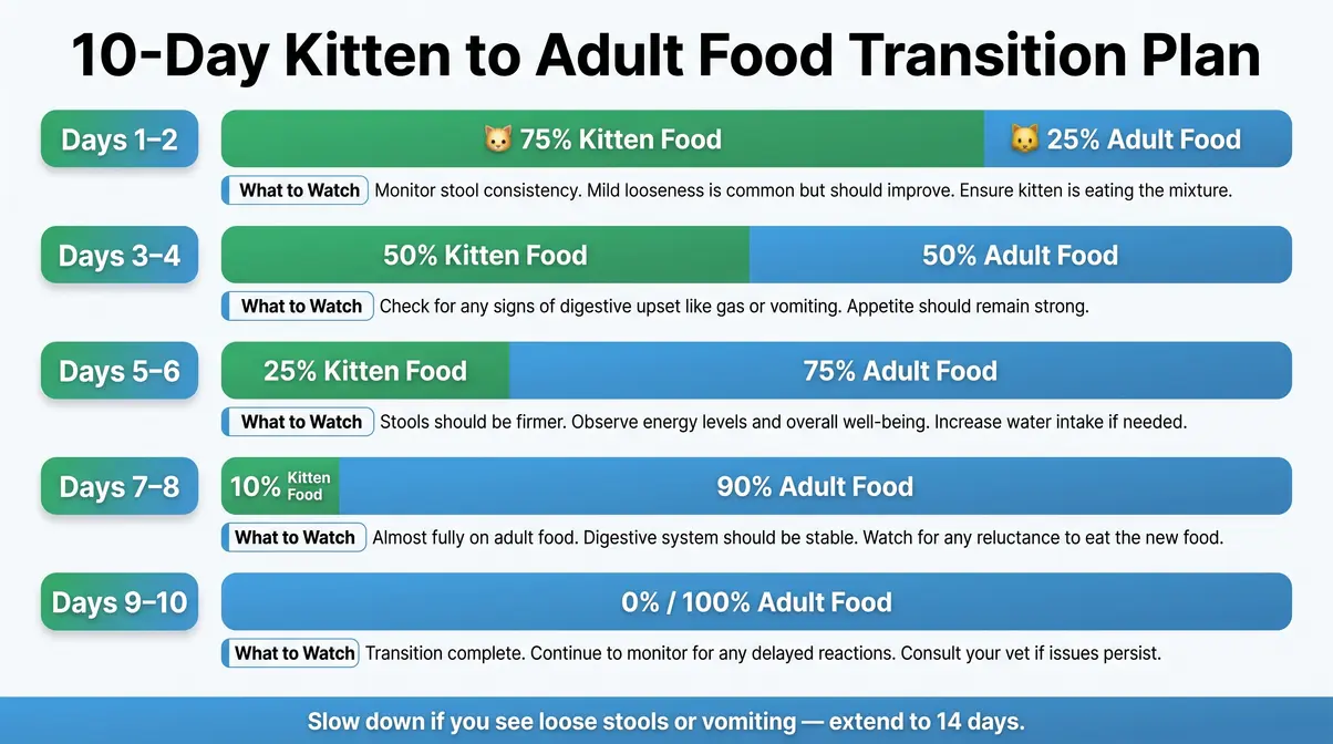 10-day kitten to adult cat food transition schedule infographic showing mixing ratio progression from 75 to 0 percent