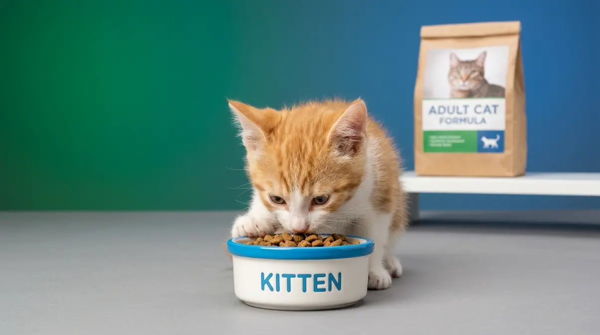 Young kitten eating from kitten food bowl with adult cat food in background showing nutritional difference