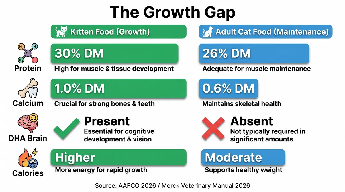 Kitten vs adult cat food nutritional comparison chart showing The Growth Gap in protein, calcium, and DHA
