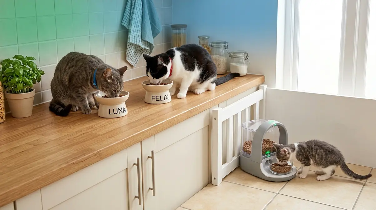 Multi-cat household feeding setup showing separated kitten and adult cat food stations with microchip feeder