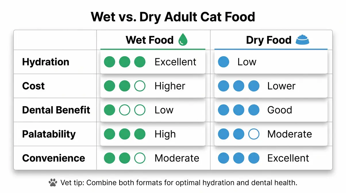 Wet vs dry adult cat food comparison matrix for transitioning kittens across hydration, cost, and dental benefit