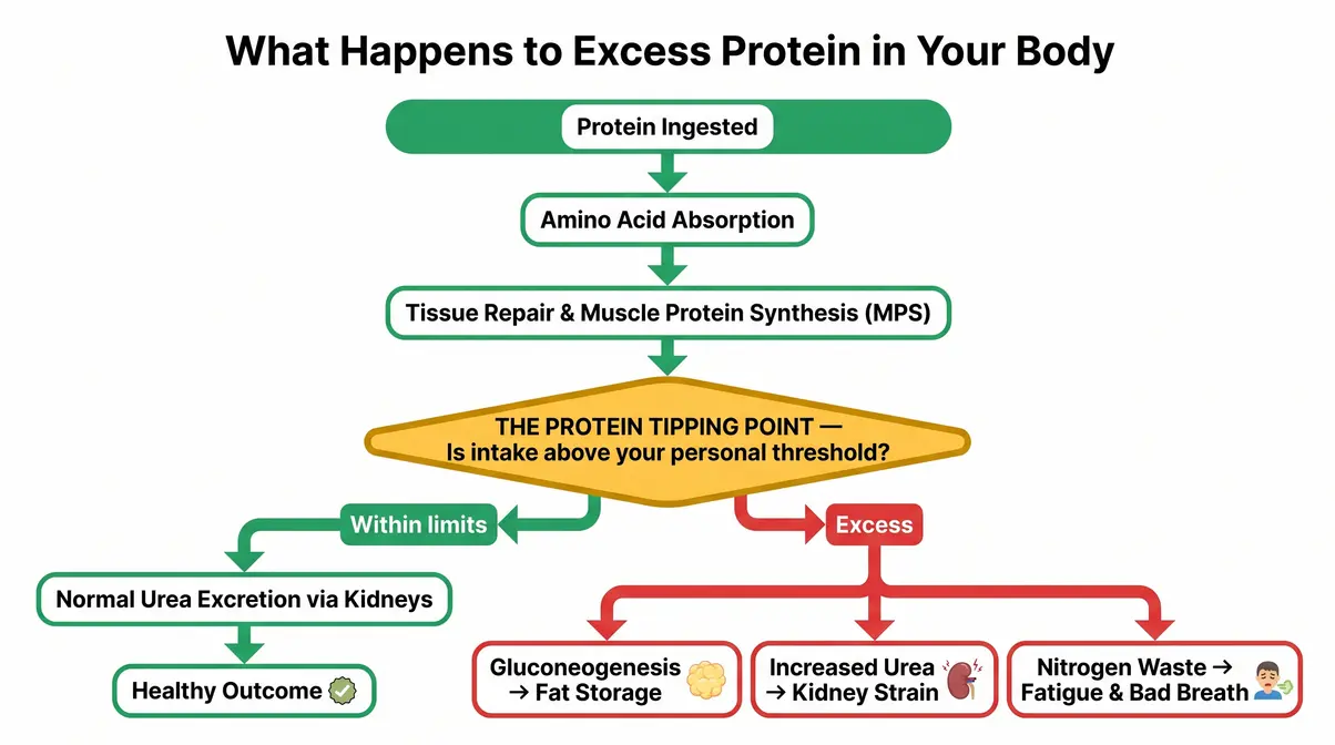 Flowchart showing what happens to excess protein in the body including gluconeogenesis kidney strain and fat storage