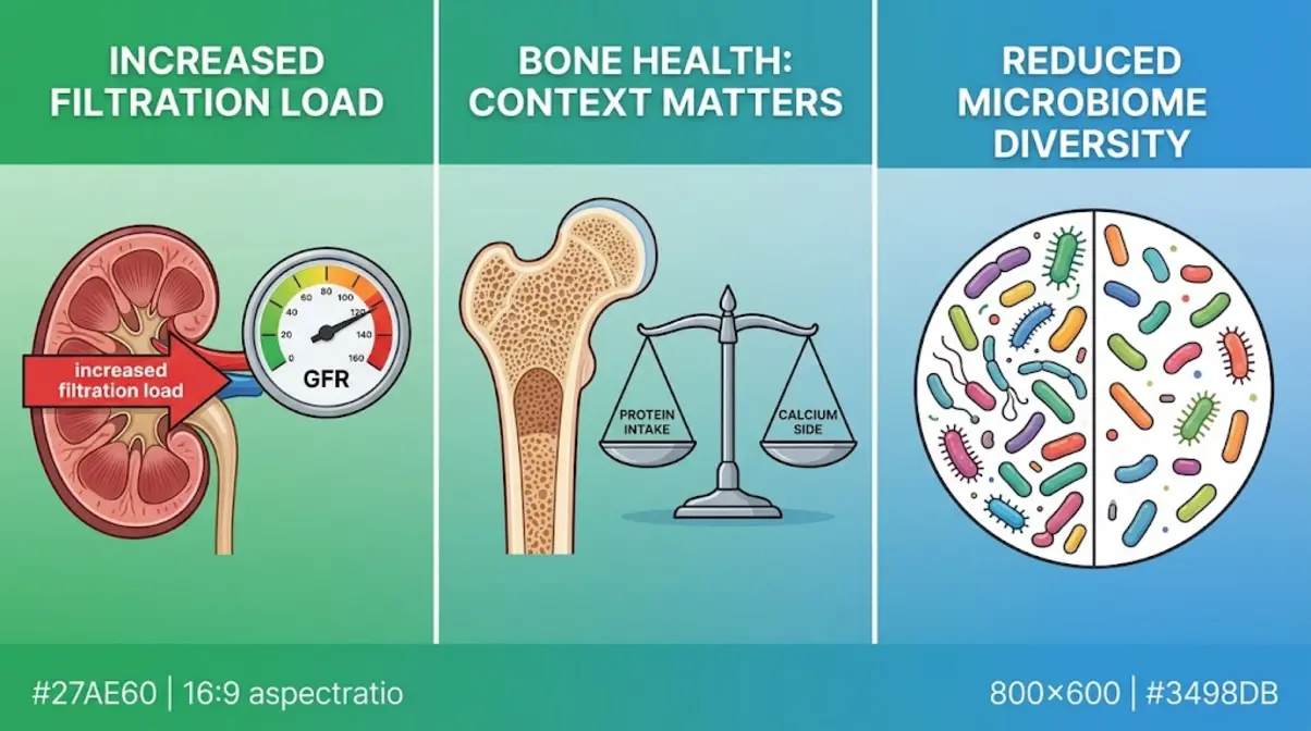 Three-panel illustration of long-term health risks from too much protein — kidneys bones and gut microbiome