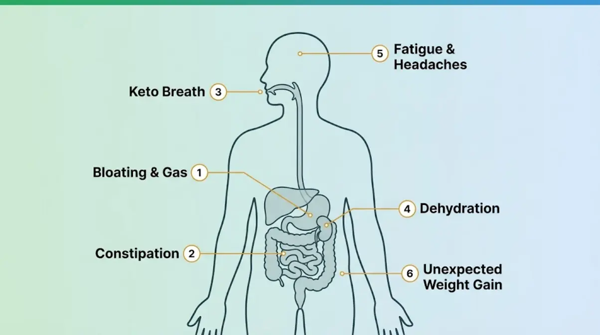 Human body diagram showing six short-term warning signs of eating too much protein