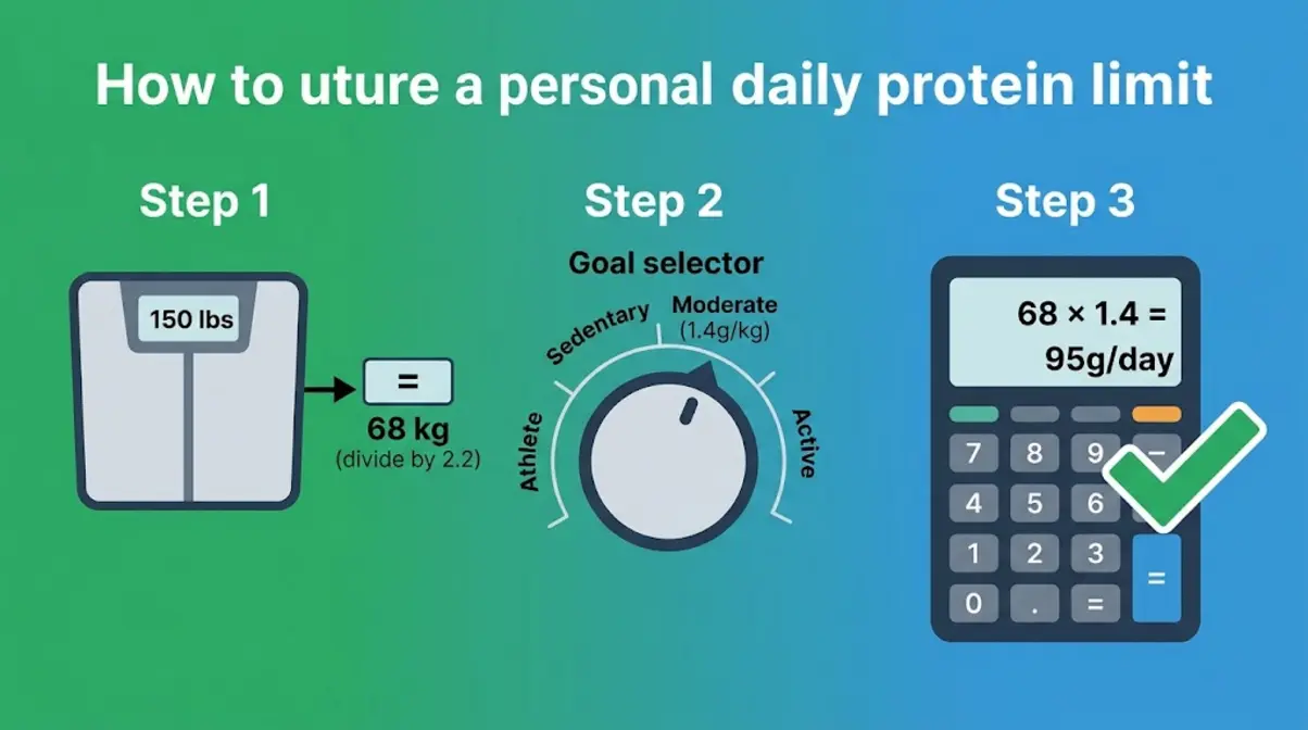 Three-step calculation showing how to find your safe daily protein limit by body weight
