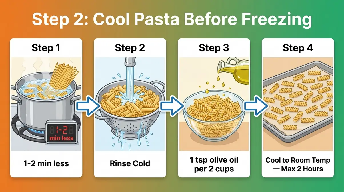 Can You Freeze Pasta Salad? 5-Step Method That Works 6 Four-step diagram showing pasta spread on a baking sheet cooling before freezing for pasta salad storage