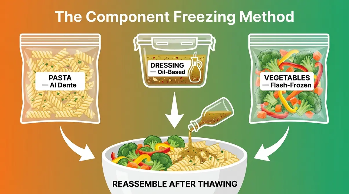 Can You Freeze Pasta Salad? 5-Step Method That Works 3 Infographic diagram of the Component Freezing Method showing pasta, dressing, and vegetables in separate labeled freezer bags