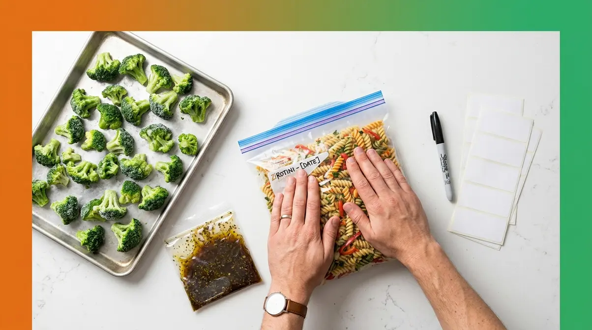 Can You Freeze Pasta Salad? 5-Step Method That Works 8 Hands pressing air out of a freezer bag while packaging pasta salad components for freezer storage