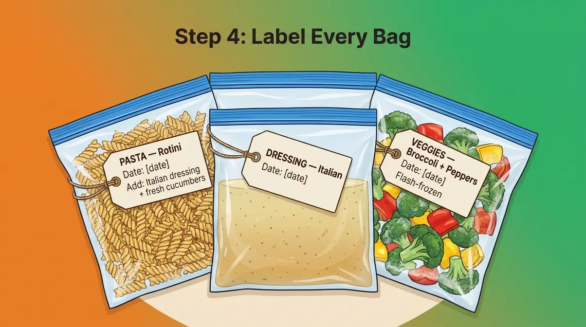 Can You Freeze Pasta Salad? 5-Step Method That Works 9 Three labeled freezer bags showing pasta, dressing, and vegetables packaged using the Component Freezing Method