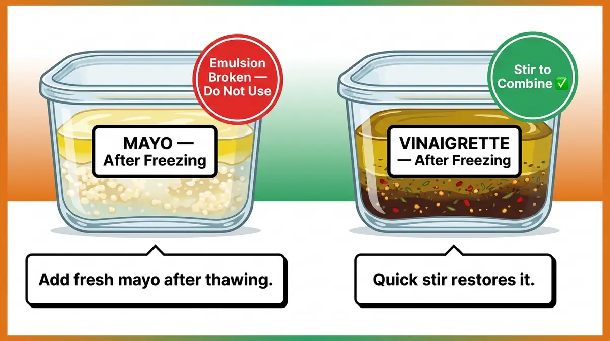 Can You Freeze Pasta Salad? 5-Step Method That Works 7 Side-by-side comparison of thawed mayo dressing showing broken emulsion versus thawed vinaigrette that stirs back together