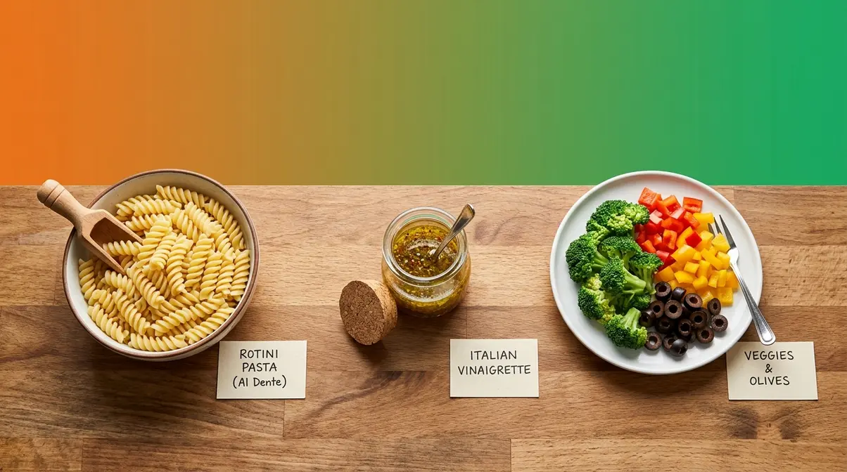 Can You Freeze Pasta Salad? 5-Step Method That Works 2 Three pasta salad components separated on a countertop — pasta, dressing, and vegetables ready for individual freezer bags